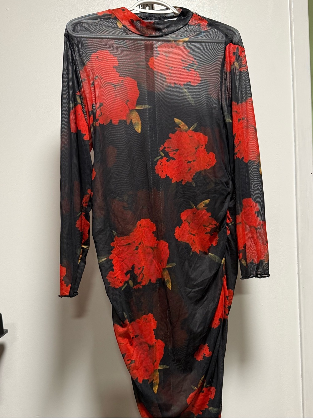 Sheer Black Mesh Dress with Red Floral Print